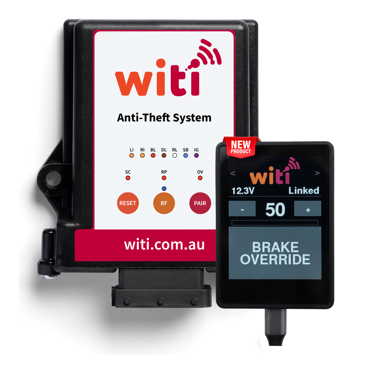 WiTi Anti-Theft System with SafeTow brake controller screens — brake override, menu, levelling and TPMS
