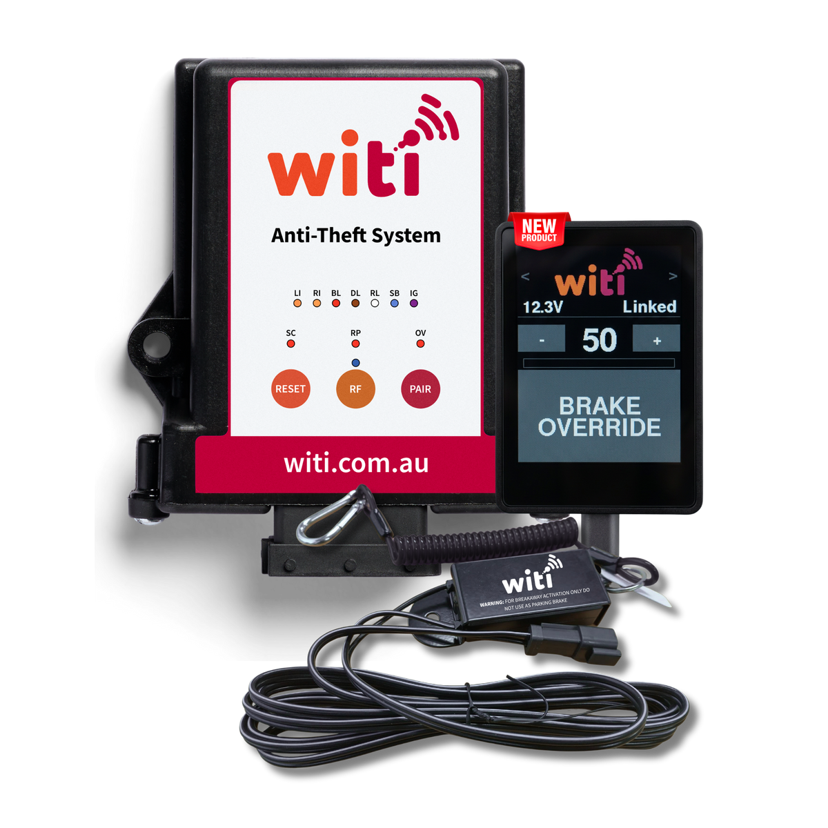 WiTi Anti-Theft System, Breakaway Switch and SafeTow Wireless Brake Controller bundle for caravans and trailers