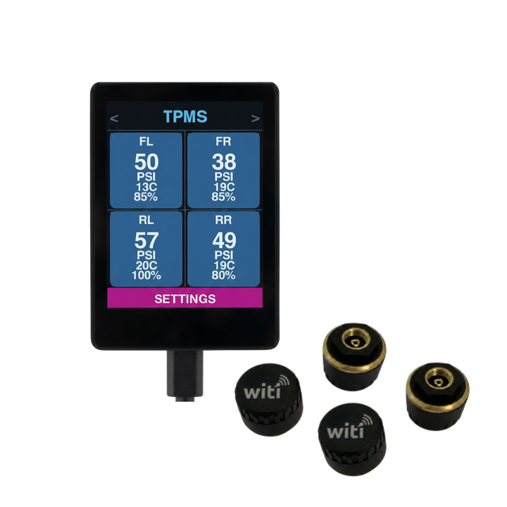 WiTi SafeTow screen showing live per-wheel tyre pressure, temperature and battery readings