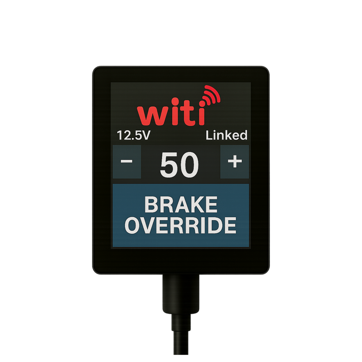 WiTi SafeTow 2.8-inch dash screen mounted in vehicle cab showing live trailer brake controller interface