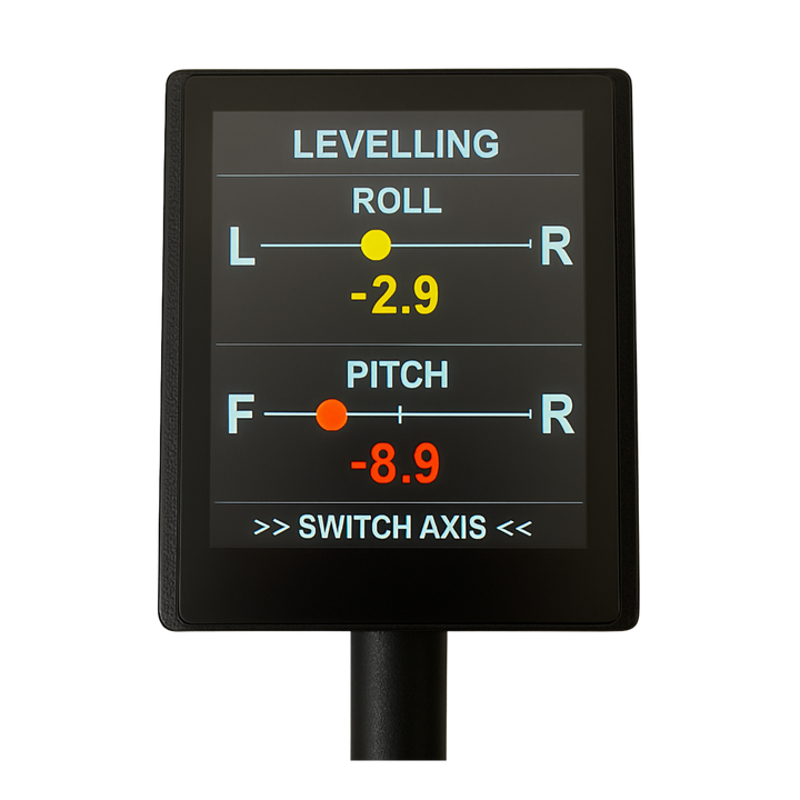 WiTi SafeTow Smart Levelling mode showing real-time corner-by-corner caravan levelling on 2.8-inch screen