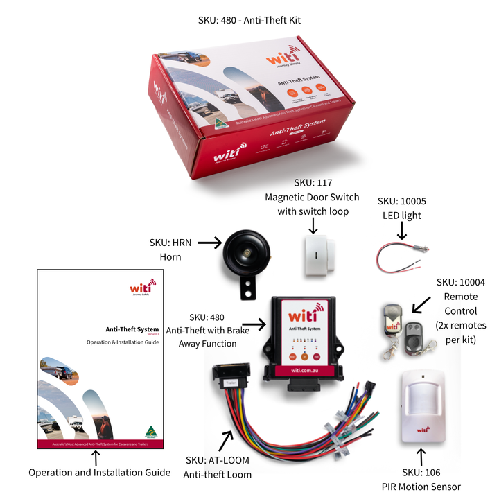 WiTi Anti-Theft System V3 complete box contents — all included accessories