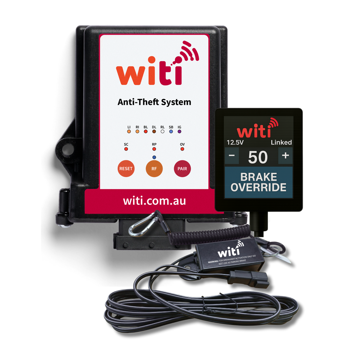 WiTi Anti-Theft System, Breakaway Switch and SafeTow Wireless Brake Controller bundle for caravans and trailers