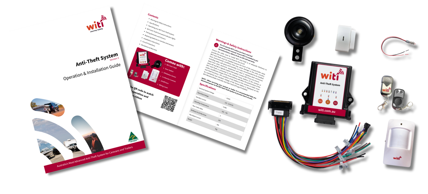 Witi anti-theft system components including a manual, sensors, and wiring harness on a white background