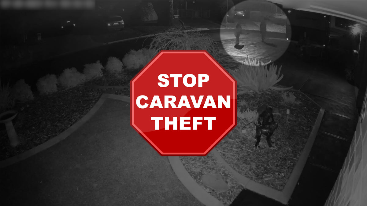 CCTV footage still frame — WiTi Anti-Theft System activating during attempted caravan break-in