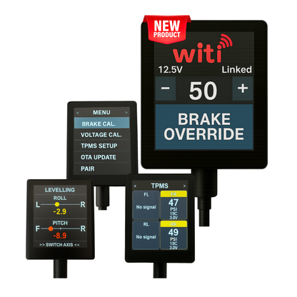 WiTi SafeTow Wireless Brake Controller — four screen states showing brake override, menu, levelling and TPMS on a 2.8-inch touchscreen