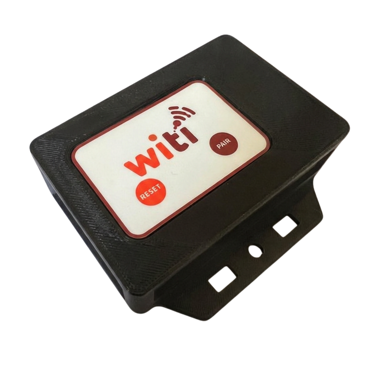 WiTi SafeLink Wireless Towing Interface — angled view of the compact black under-vehicle unit with mounting tabs