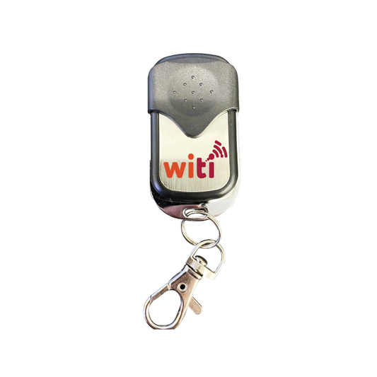 WiTi Anti-Theft remotes device with keychain on a white background