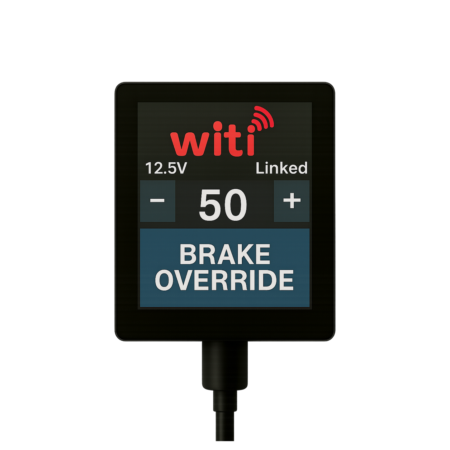 WiTi SafeTow home screen showing brake force control and LINKED status — USB-C powered caravan brake controller