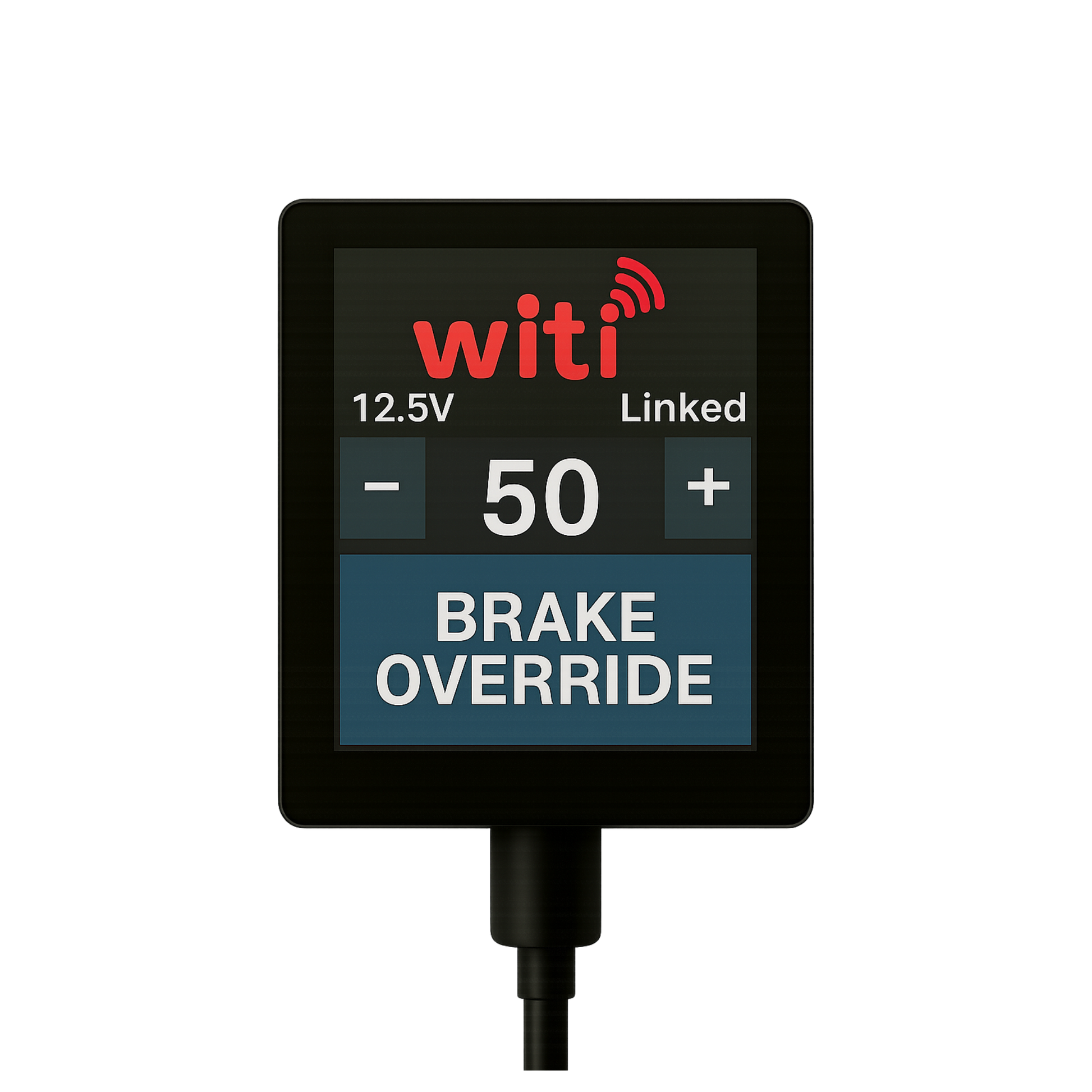 WiTi SafeTow home screen showing brake force control and LINKED status — USB-C powered caravan brake controller