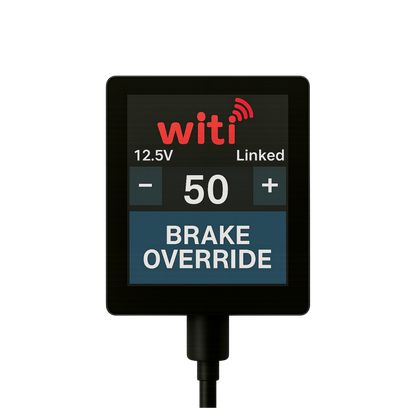 WiTi SafeTow home screen showing brake force control and LINKED status — USB-C powered caravan brake controller