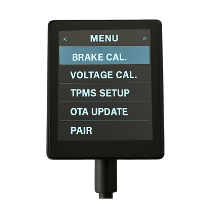 WiTi SafeTow menu screen — Brake Cal, TPMS Setup and OTA Update options on 2.8-inch touchscreen