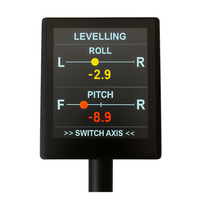 WiTi SafeTow Smart Levelling screen — live roll and pitch indicators to help level your caravan on site