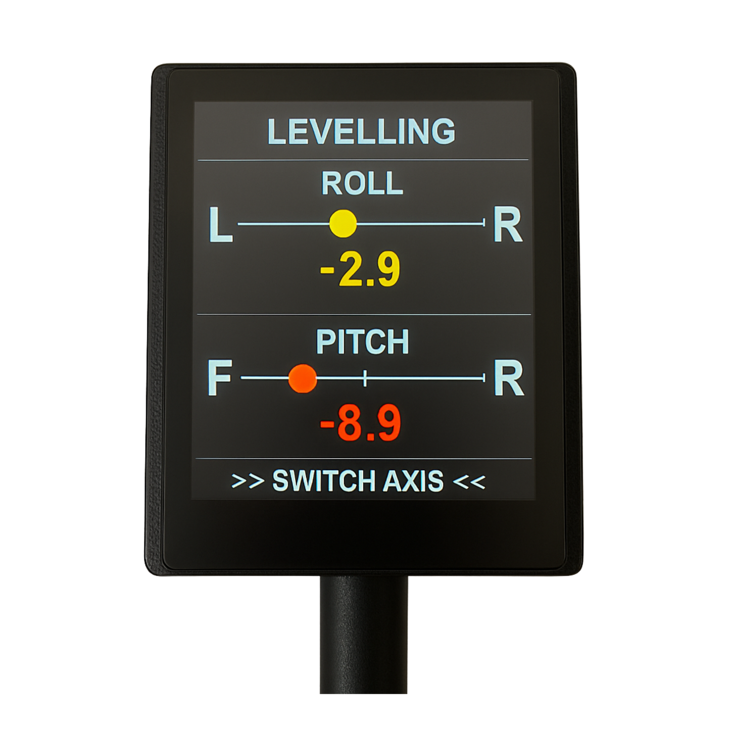 WiTi SafeTow Smart Levelling screen — live roll and pitch indicators to help level your trailer on site