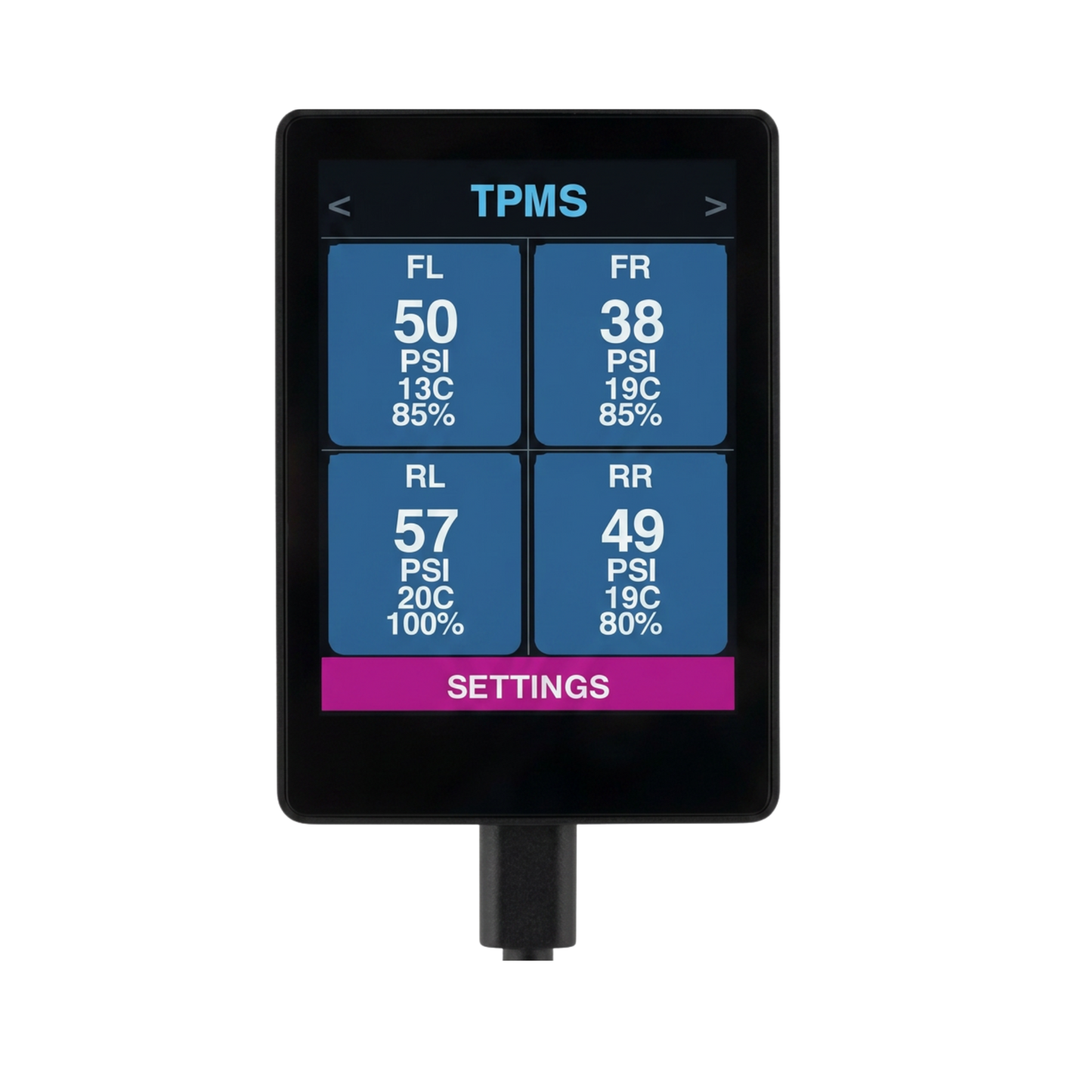 WiTi SafeTow TPMS screen showing live tyre pressure readings — WiTi TPMS Sensors sold separately