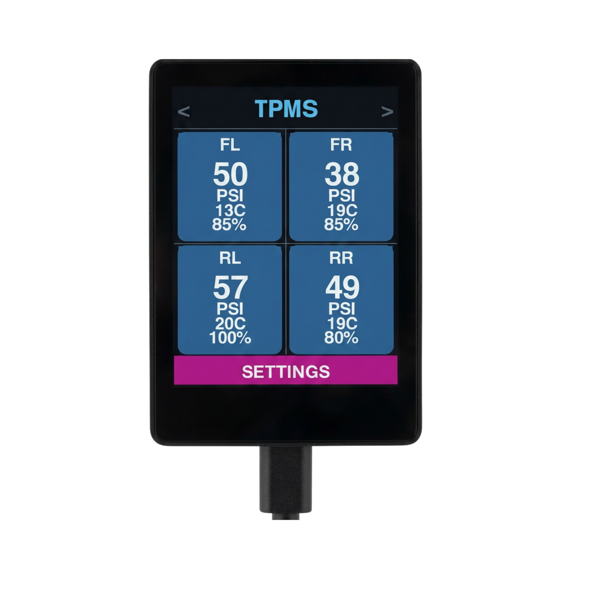 WiTi SafeTow TPMS screen showing live tyre pressure readings — WiTi TPMS Sensors sold separately