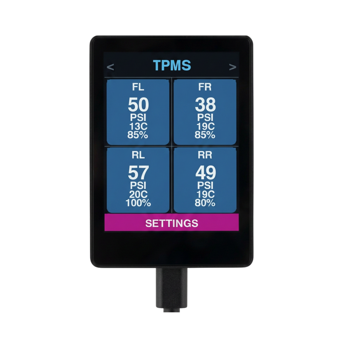 WiTi TPMS Monitor screen showing live tyre pressure readings