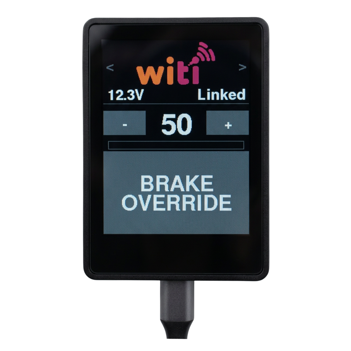 WiTi SafeTow home screen showing brake force control and LINKED status — USB-C powered caravan brake controller