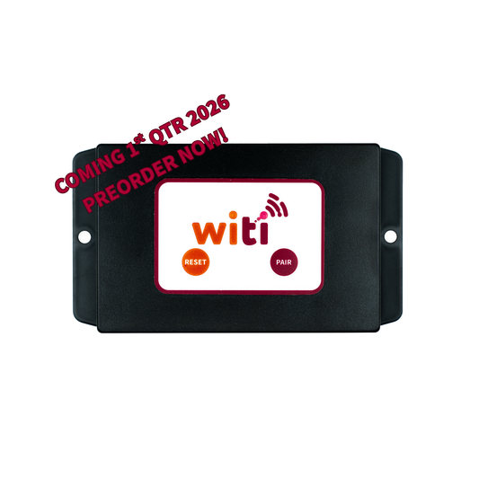 Black electronic device with 'witi' logo on a white background, text indicating availability in 1st QTR 2026.