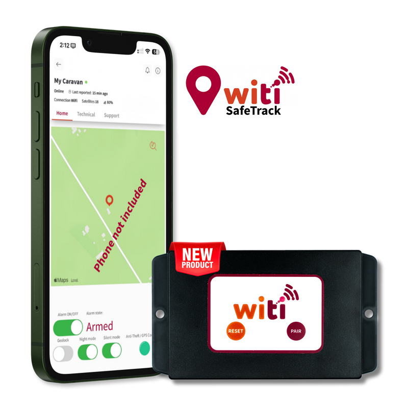 WiTi SafeTrack GPS device with app on phone — live tracking for caravans