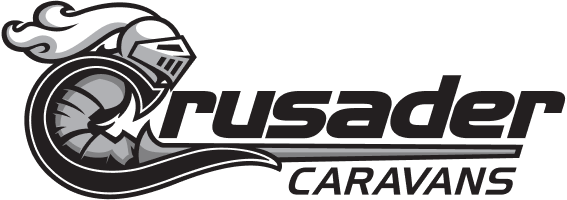Logo of Crusader Caravans with a stylized wheel and shield design.